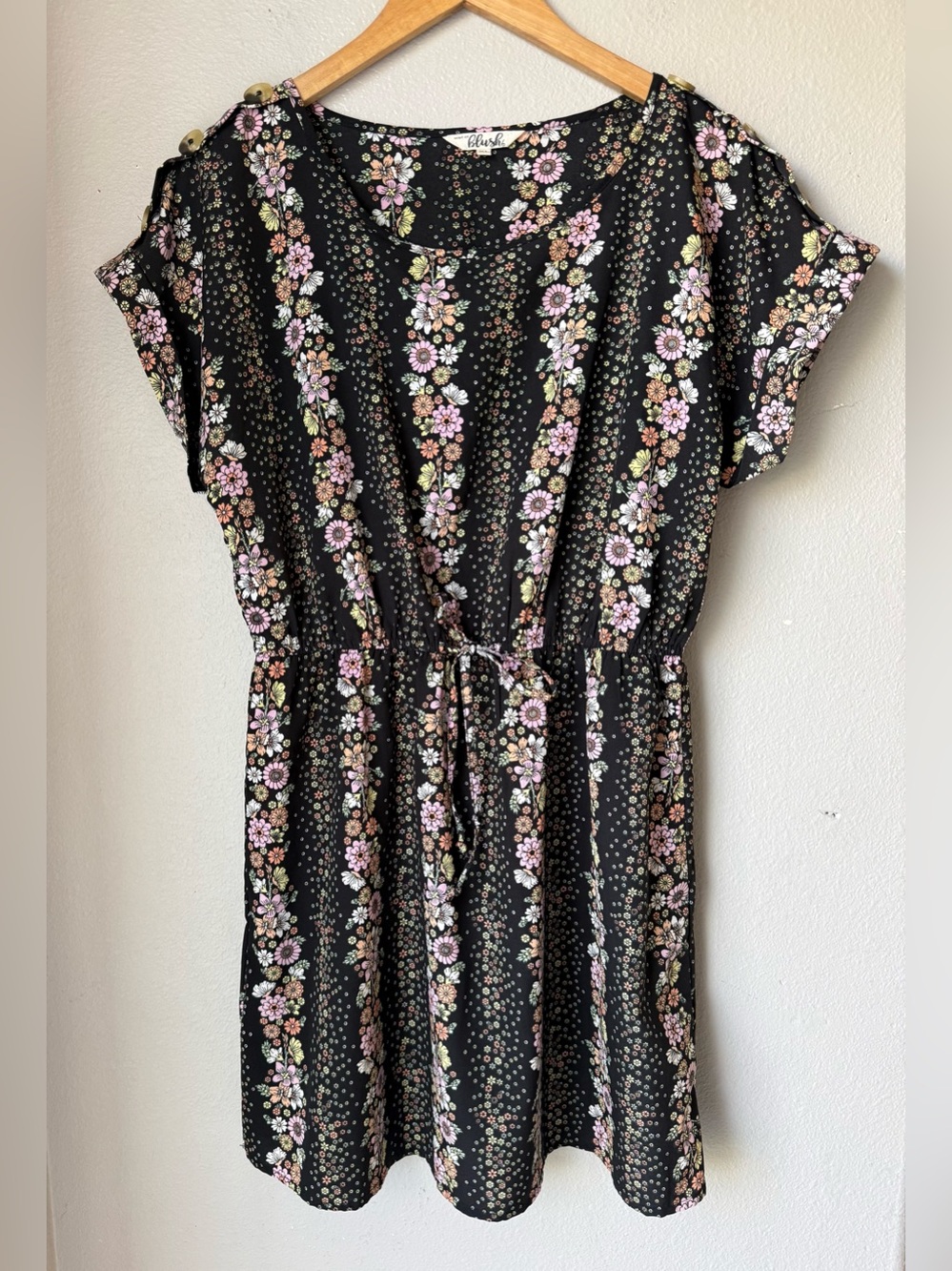 Hint Of Blush Black Floral Casual Dress Drawstring Stretch Waist Women’s Size XL